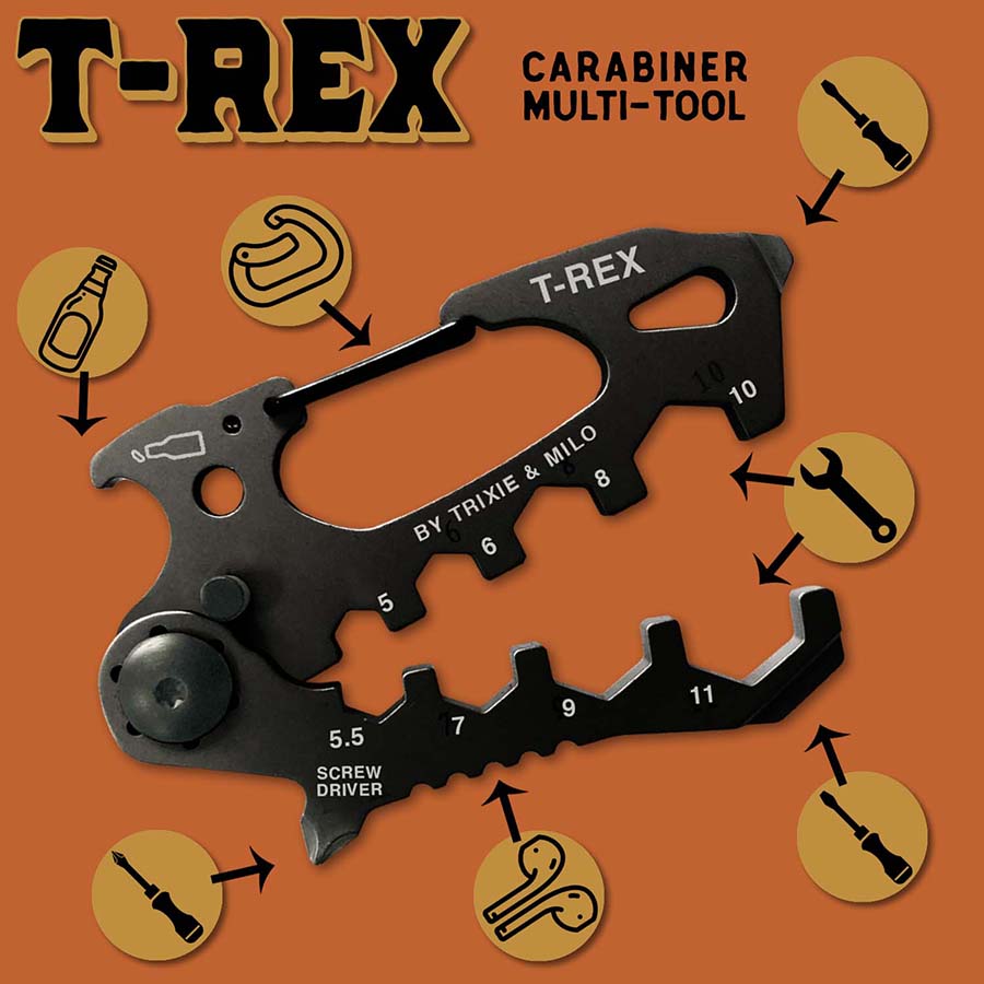 The T-Rex Multifunction Keyring, Carabiner Tool Portable and pocket sized preparedness. Great as everyday carry for DIY projects, camping, backpacking, glamping or hiking!